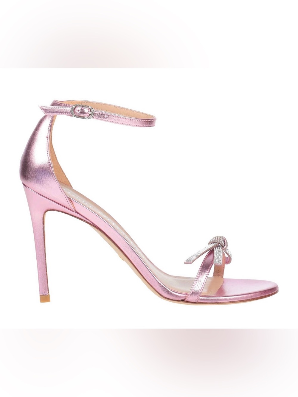 Stuart Weitzman Metallic Pink Ankle-Strap Stiletto with Rhinestone Bow